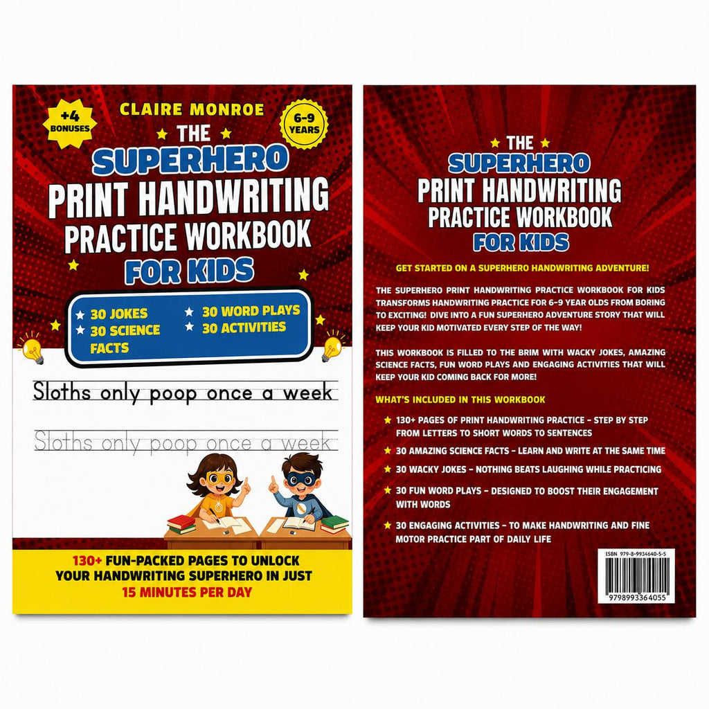 The Superhero Print Handwriting Practice Workbook for Kids Ages 6 to 9 - Claire Monroe Books