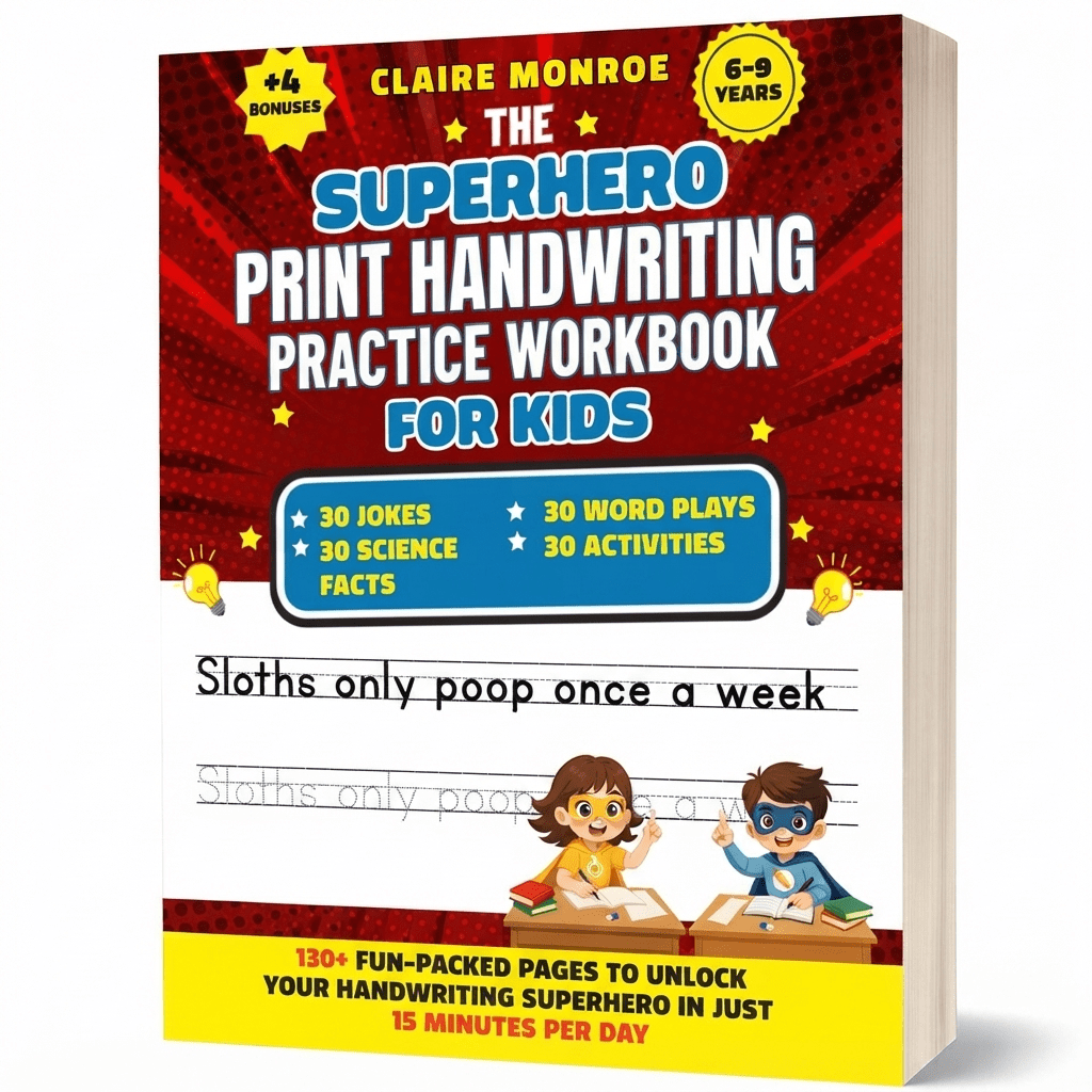 The Superhero Print Handwriting Practice Workbook for Kids Ages 6 to 9: Improve and Master Handwriting Skills In 15 Minutes per Day (8.5 x 11 inch B&W) - Claire Monroe Books